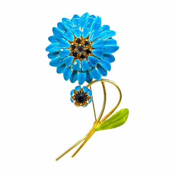 Vintage Layered Blue Enamel & Rhinestone Flower Brooch - Picture 3 of 11
